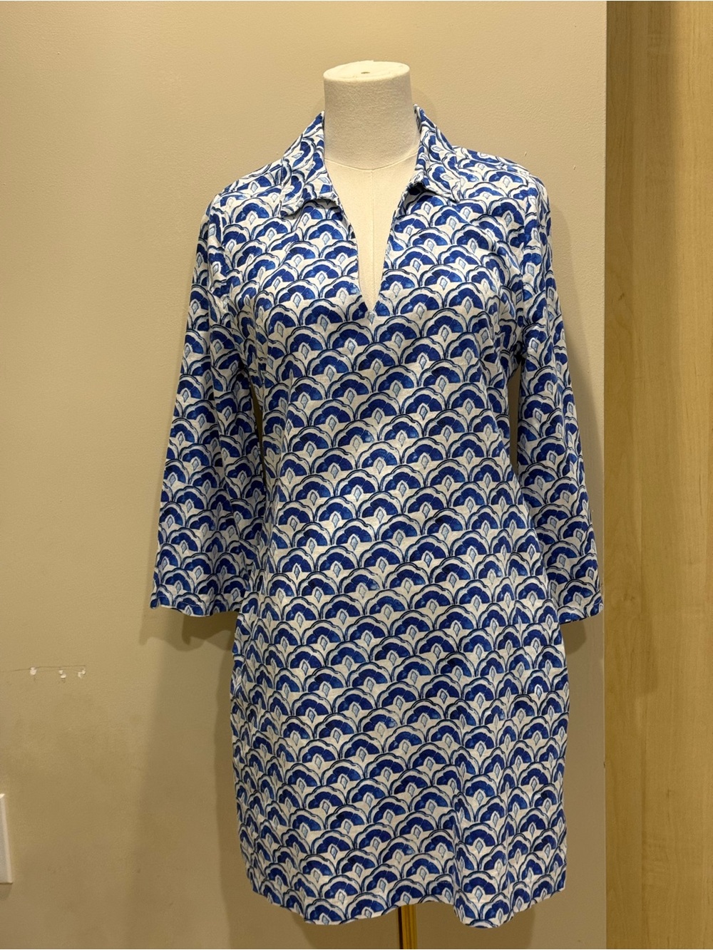 Blue & White Scallop Print Tunic Dress